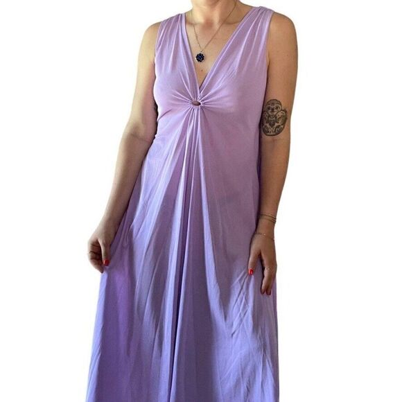 Vintage 1970s Womens Lavender V Neck Retro Disco Mid Mod Maxi Dress Sz M - Picture 4 of 7